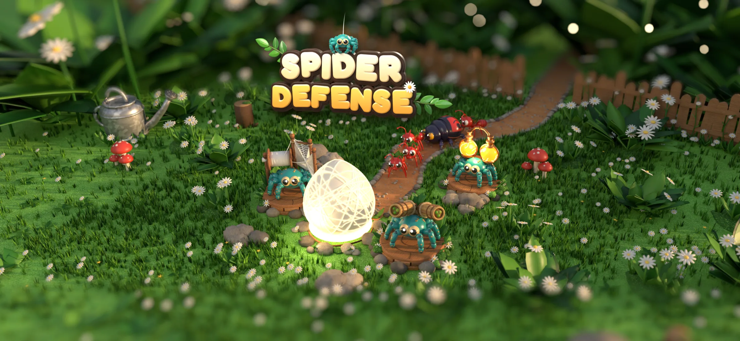 Spider Defense key art: cute spider towers guarding a glowing egg in a garden